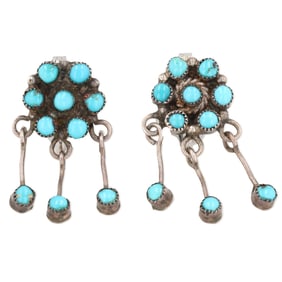 Vintage Zuni Sterling Snake Eye Turquoise Dangle Earrings