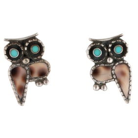 Paul Lucario Jr Zuni Sterling Multi Stone Inlay Owl Earrings