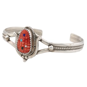 Beverly Etsate Zuni Sterling Multi Stone Carved Corn Cuff Bracelet