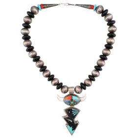 Alvin Yellowhorse Navajo Sterling Multi Stone Inlay Kachina Necklace