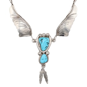 Margie Chee Navajo Sterling Turquoise Feather Necklace