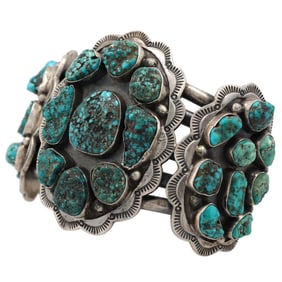 Signed Navajo Sterling Chunk Turquoise Cluster Cuff Bracelet