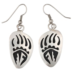 Signed Hopi Sterling Bear Paw Overlay Drop Earrings