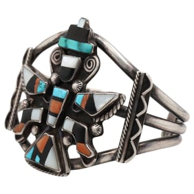 Vintage Zuni Sterling Multi Stone Inlay Knifewing Cuff Bracelet