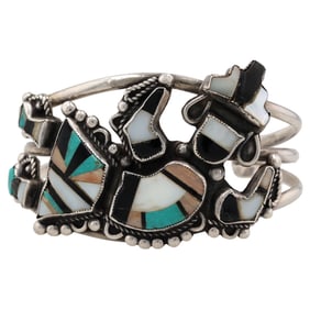 Vintage Zuni Sterling Multi Stone Inlay Rainbow Man Cuff Bracelet