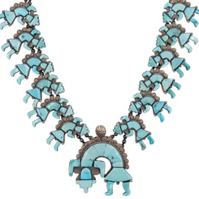 Federico Jimenez Incredible Sterling Turquoise Rainbow Man Squash Blossom Necklace