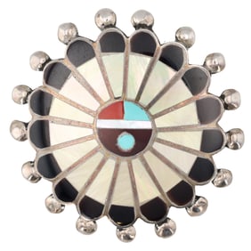 Vintage Zuni Sterling Multi Stone Sunface Inlay Brooch Pendant
