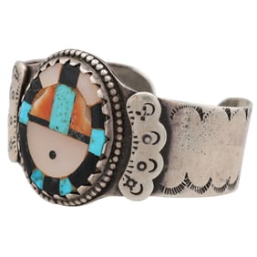 Gorgeous Vintage Zuni Sterling Multi Stone Sunface Inlay Cuff Bracelet