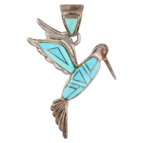 Calvin Begay Navajo Sterling Turquoise Hummingbird Inlay Pendant