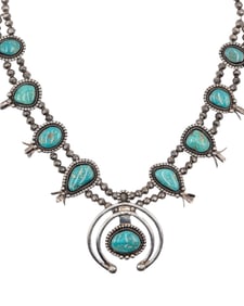 Huge! Signed Navajo Sterling Turquoise Squash Blossom Necklace