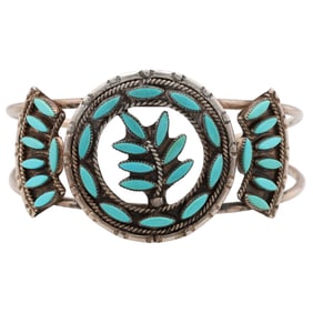 Signed FE Zuni Sterling Turquoise Cuff Bracelet