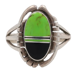 Signed Navajo Sterling Multi Stone Inlay Ring Sz. 7