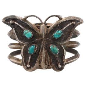 Signed Navajo Sterling Turquoise Tufa Butterfly Cuff Bracelet