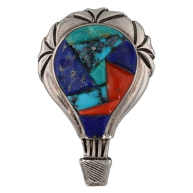 Ervin Hoskie Navajo Sterling Multi Stone Cobblestone Hot Air Balloon Inlay Brooch