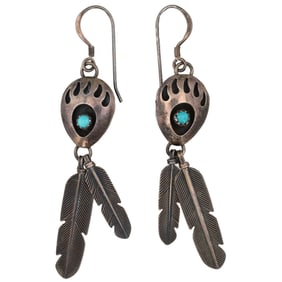 Vintage Navajo Sterling Turquoise Bear Paw Shadow Box Feather Dangle Earrings