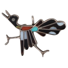 Zuni Sterling Multi Stone Roadrunner Inlay Brooch Pendant