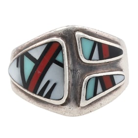 Signed Southwestern Sterling Multi Stone Inlay Ring Sz. 9.5
