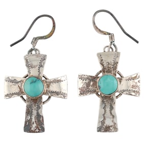 Vintage Navajo Sterling Turquoise Cross Earrings