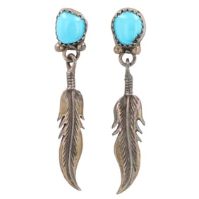 Vintage Navajo Sterling Turquoise Feather Dangle Earrings