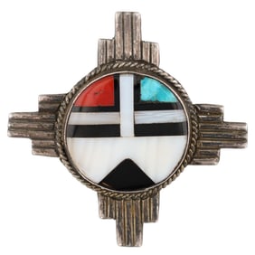 Vintage Zuni Sterling Multi Stone Sunface Inlay Brooch