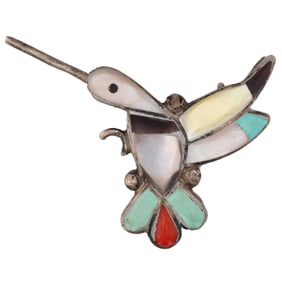 Vintage Zuni Sterling Hummingbird Multi Stone Inlay Brooch Pendant