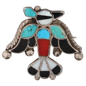 Vintage Zuni Sterling Multi Stone Bird Inlay Brooch