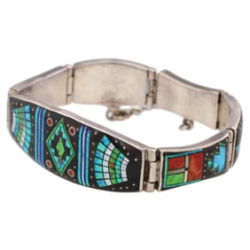 Signed Zuni Sterling Multi Stone Night Sky Inlay Bracelet