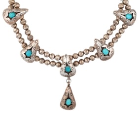 Vintage Navajo Sterling Turquoise Shadow Box Station Necklace