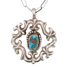 Vintage Navajo Sandcast Sterling Turquoise Necklace