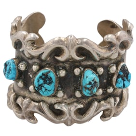 Vintage Navajo Sandcast Sterling Turquoise Cuff Bracelet