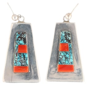 Signed Herbert Sterling Multi Stone Inlay Drop Earrings