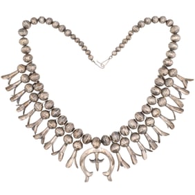 Vintage Navajo Sterling Stamped Sandcast Squash Blossom Necklace