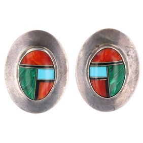 Vintage Navajo Sterling Multi Stone Inlay Earrings