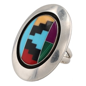 Willie Saiz Navajo Sterling Multi Stone Shadow Box Inlay Ring Sz. 6.75