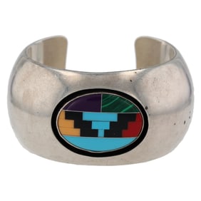 Willie Saiz Navajo Sterling Multi Stone Shadow Box Inlay Cuff Bracelet
