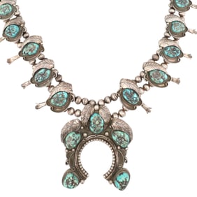 Huge! Vintage Navajo Sterling Turquoise Squash Blossom Necklace