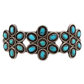 Navajo Sterling Shadow Box Turquoise Flower Cuff Bracelet