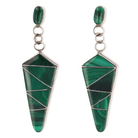 Vintage Navajo Sterling Malachite Inlay Drop Earrings