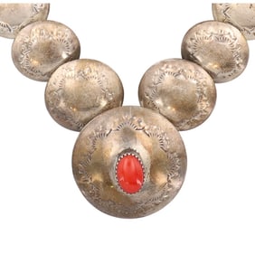 Signed Navajo Sterling Coral Pillow Bead Necklace