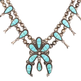 Willis & Susan Leekity Zuni Sterling Hummingbird Turquoise Inlay Squash Blossom Necklace