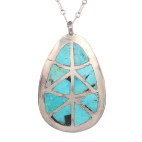 Signed Navajo Sterling Turquoise Inlay Necklace