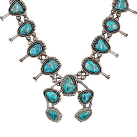 386g! Althea Latome Navajo Morenci Turquoise Sterling Squash Blossom Necklace