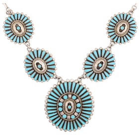 Vintage Zuni Sterling Turquoise Cluster Necklace