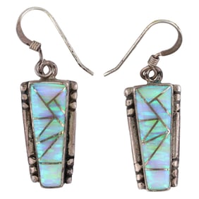 Signed Navajo Sterling Opal Inlay Hook Earrings