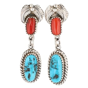 Running Bear Sterling Turquoise Coral Drop Stud Earrings