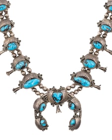 Signed Navajo Sterling Morenci Turquoise Squash Blossom Necklace