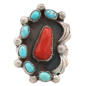 Signed Navajo Sterling Turquoise Coral Ring Sz. 9