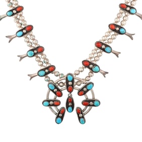 Navajo Sterling Turquoise Coral Squash Blossom Necklace