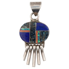 Signed Navajo Sterling Multi Stone Inlay Pendant