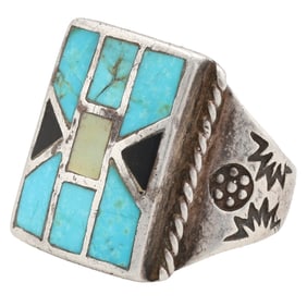 Vintage Navajo Sterling Multi Stone Inlay Ring Sz. 10.5